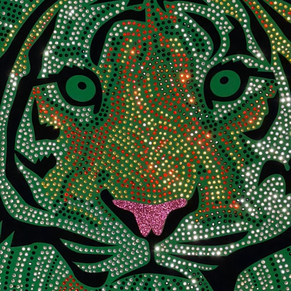 Moving Forward Tiger Blazer Size L Kelly Green Rhinestone Mob Wife Leopard Lined - Picture 6 of 10